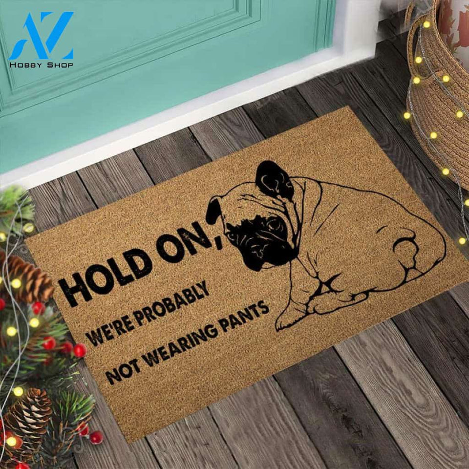 Hold On We’re Probably Not Wearing Pants – Bulldog Easy Clean Welcome DoorMat | Felt And Rubber | 40x60 cm | 45x75 cm | 60x90 cm | Colorful | DO1089