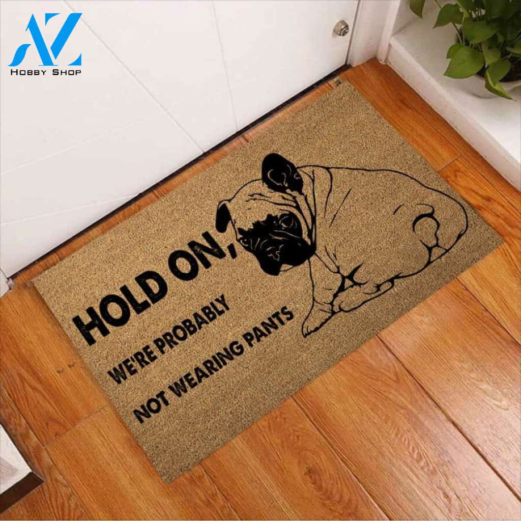 Hold On We’re Probably Not Wearing Pants – Bulldog Easy Clean Welcome DoorMat | Felt And Rubber | 40x60 cm | 45x75 cm | 60x90 cm | Colorful | DO1089