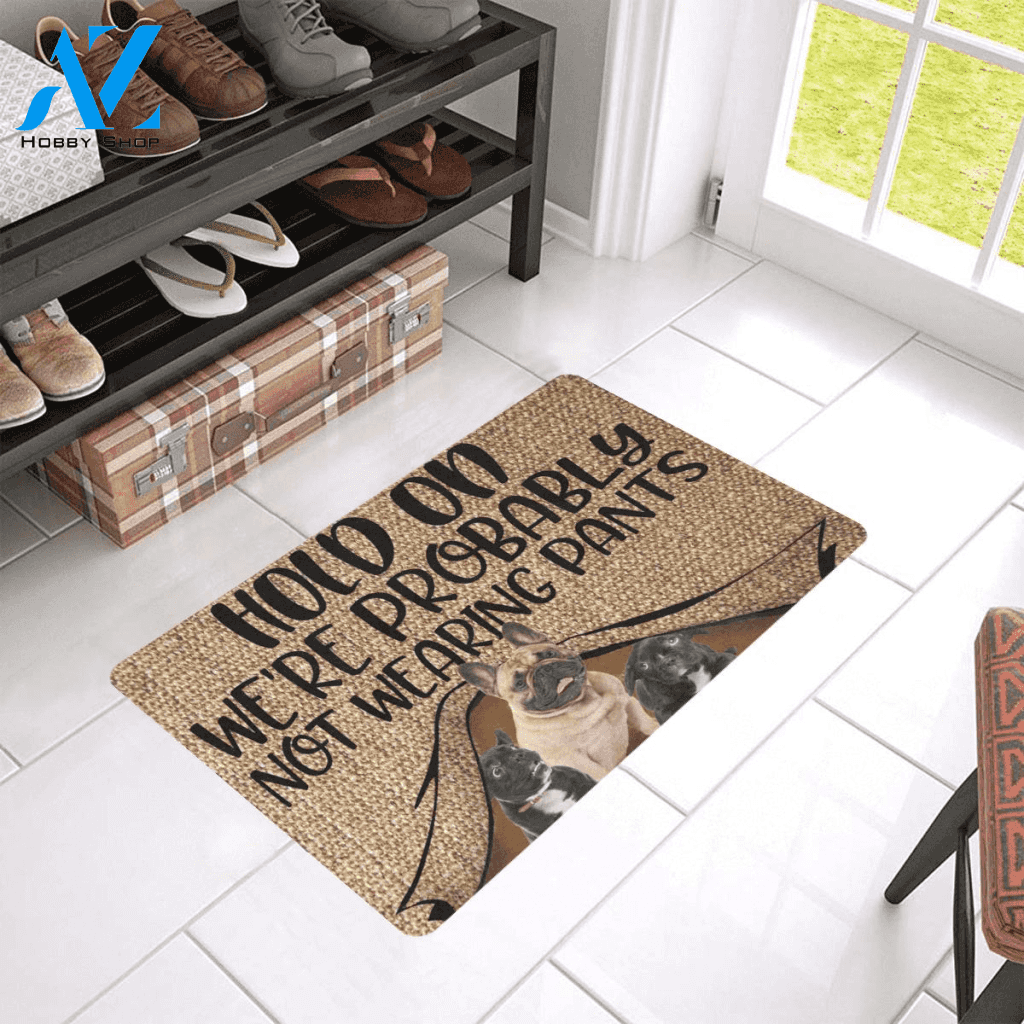 Hold On Were Probably Not Wearing Pants French Bulldog Easy Clean Welcome DoorMat | Felt And Rubber | 40x60 cm | 45x75 cm | 60x90 cm | Colorful | DO1451