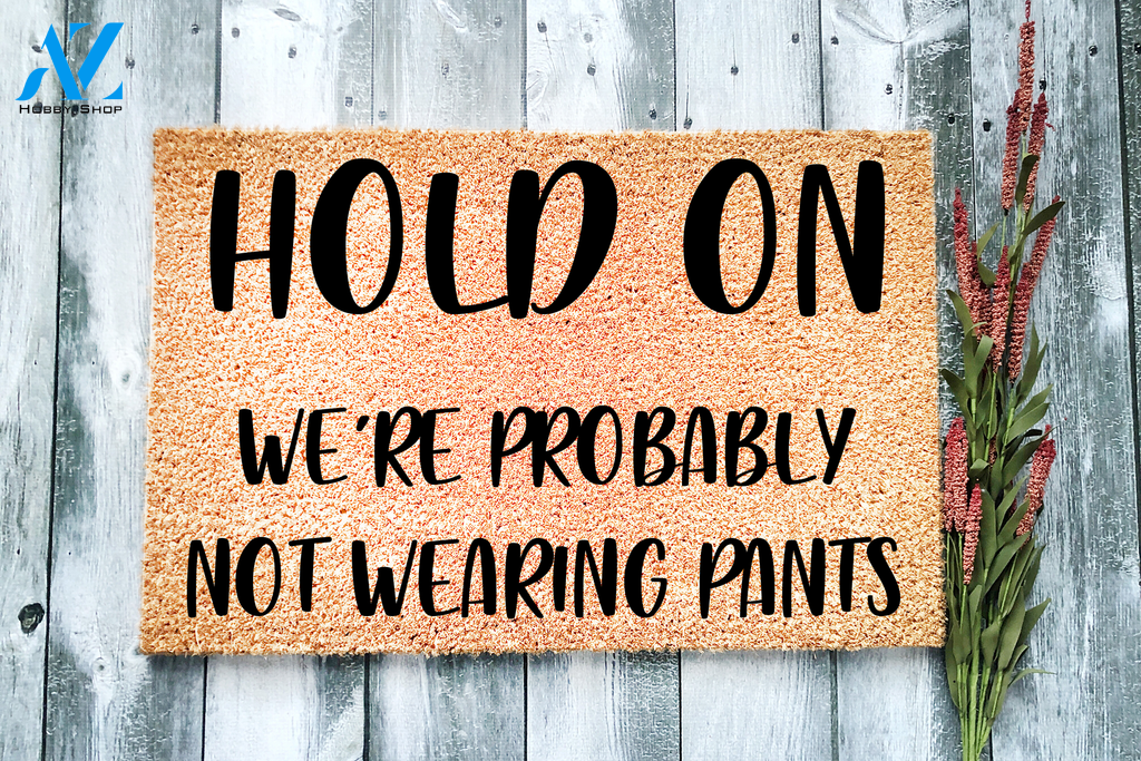 Hold On We're probably not wearing pants Funny Doormat | Welcome Mat | House Warming Gift