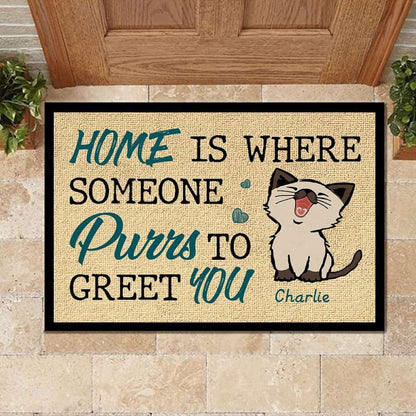 Home Is Where Someone Purrs To Greet You - Cat Lovers Personalized Doormat Door