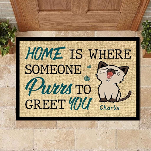 Home Is Where Someone Purrs To Greet You - Cat Lovers Personalized Doormat Door