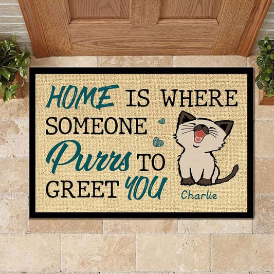 Home Is Where Someone Purrs To Greet You - Cat Lovers Personalized Doormat Door
