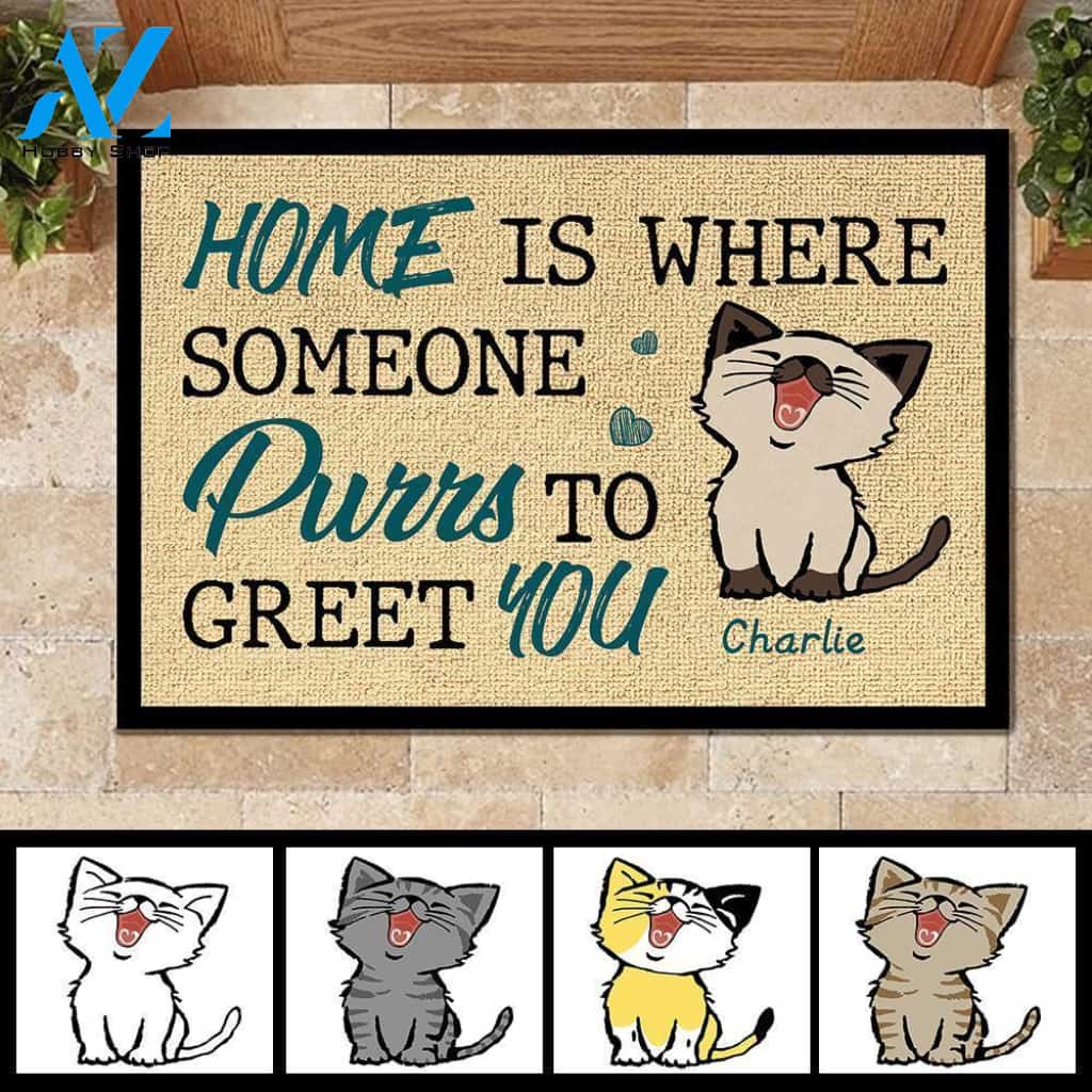 Home Is Where Someone Purrs To Greet You - Cat Lovers - Personalized Doormat | Welcome Mat | House Warming Gift
