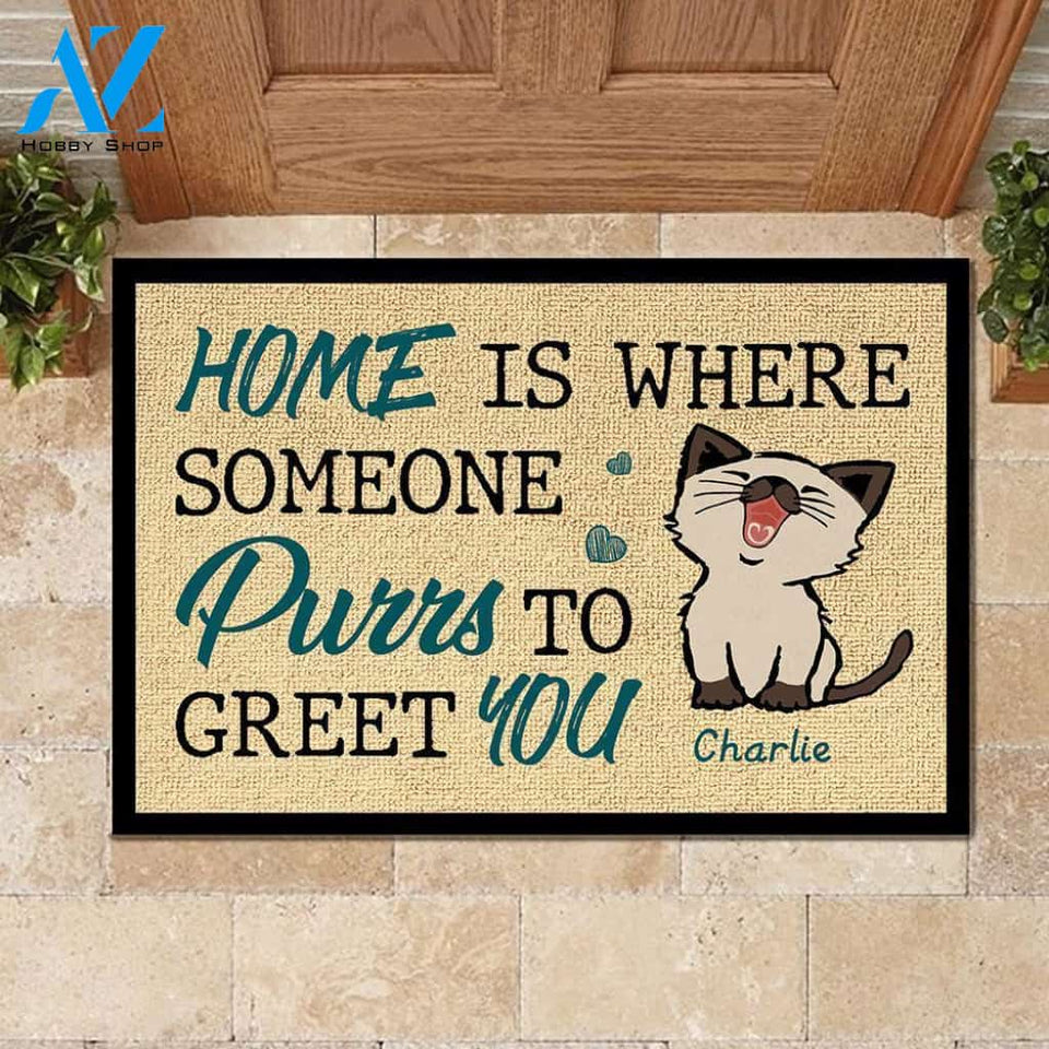 Home Is Where Someone Purrs To Greet You - Cat Lovers - Personalized Doormat | Welcome Mat | House Warming Gift