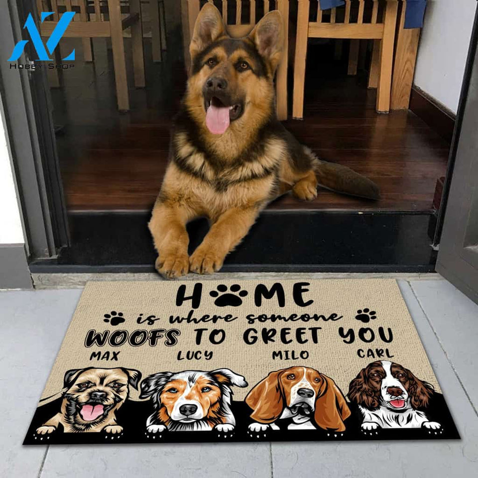 Home Is Where Someone Woofs To Greet You Personalized Doormat | Welcome Mat | House Warming Gift