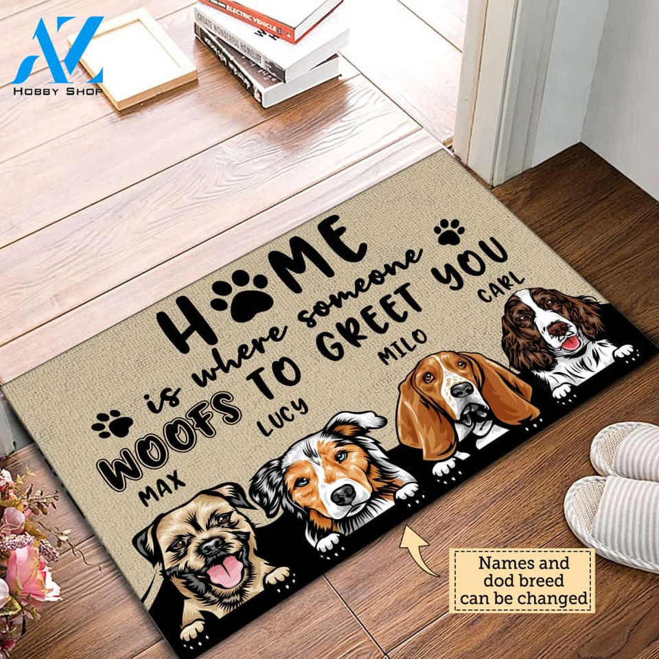Home Is Where Someone Woofs To Greet You Personalized Doormat | Welcome Mat | House Warming Gift