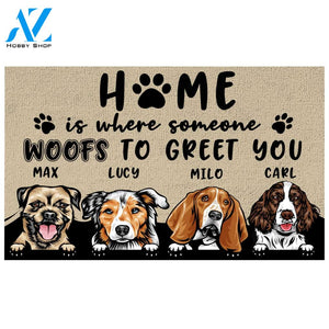 Home Is Where Someone Woofs To Greet You Personalized Doormat | Welcome Mat | House Warming Gift