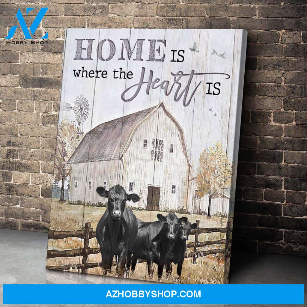 Angus Cow - Home Is Where The Heart Is Canvas And Poster Wall Art Prints, Farmhouse Decor