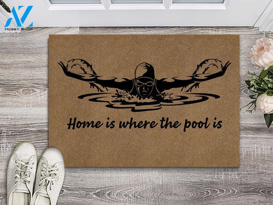 Home Is Where The Pool Is Indoor and Outdoor Doormat Warm House Gift Welcome Mat Gift for Labrador Lovers Birthday Gift