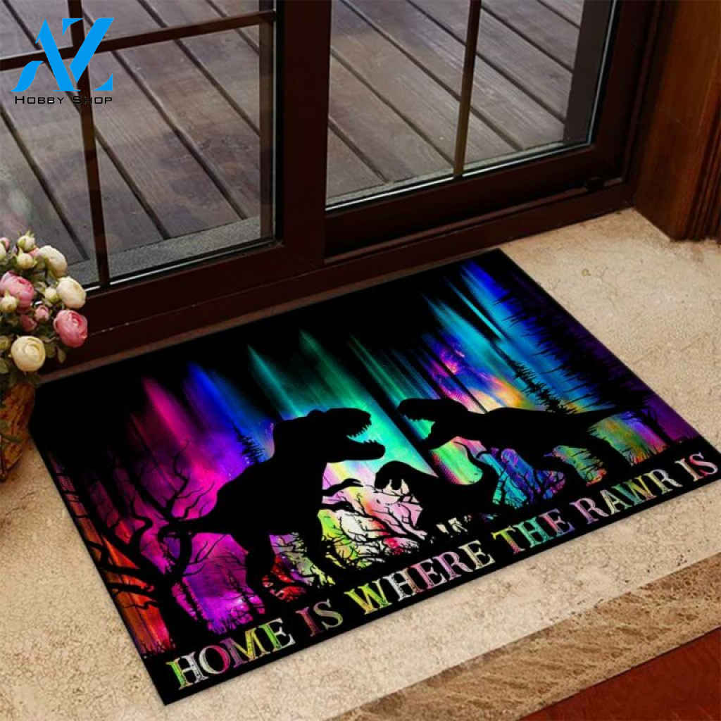 Home is Where The Rawr Is Dinosaur Doormat | Welcome Mat | House Warming Gift