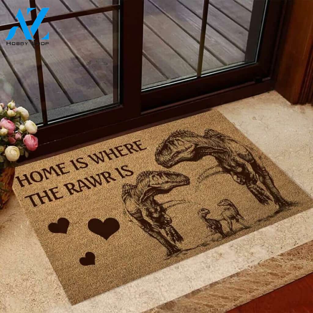 Home Is Where The Rawr Is – Dinosaur Easy Clean Welcome DoorMat | Felt And Rubber | 40x60 cm | 45x75 cm | 60x90 cm | Colorful | DO1091