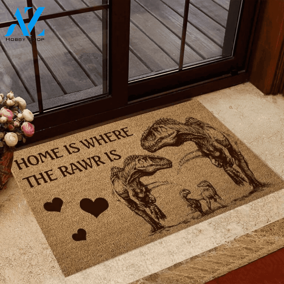 Home Is Where The Rawr Is Dinosaur Family Doormat | Welcome Mat | House Warming Gift