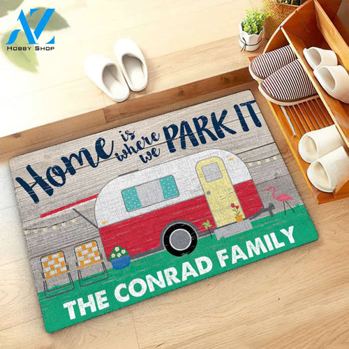 Home Is Where We Park it Family Name Custom Doormat Personalized Doormat Housewarming Gift Custom Welcome Mat