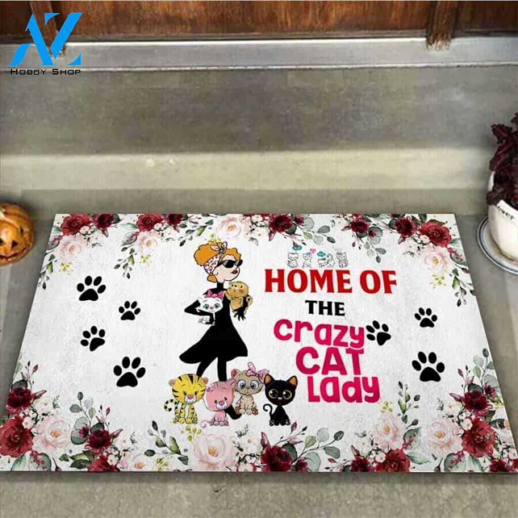 Home Of The Crazy Cat Lady Easy Clean Welcome DoorMat | Felt And Rubber | 40x60 cm | 45x75 cm | 60x90 cm | Colorful | DO1092