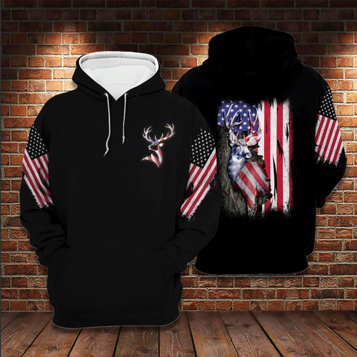 Hunting Gifts Hunting Deer American Flag All Over Printed US Unisex Size Hoodie