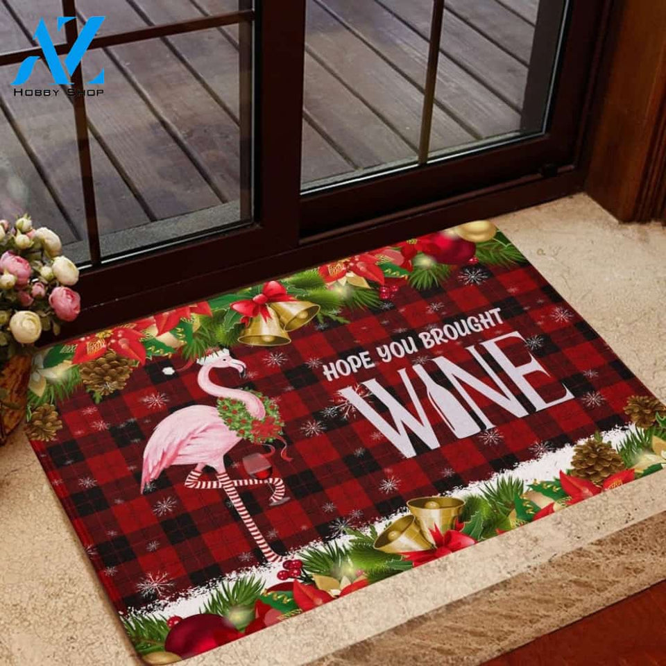 Hope You Brought Wine Flamingo Christmas Doormat All Over Print