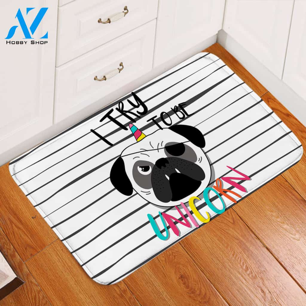 Horned Pug Stripes Door Mat