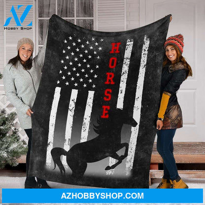 Horse American Flag Black Fleece Blanket