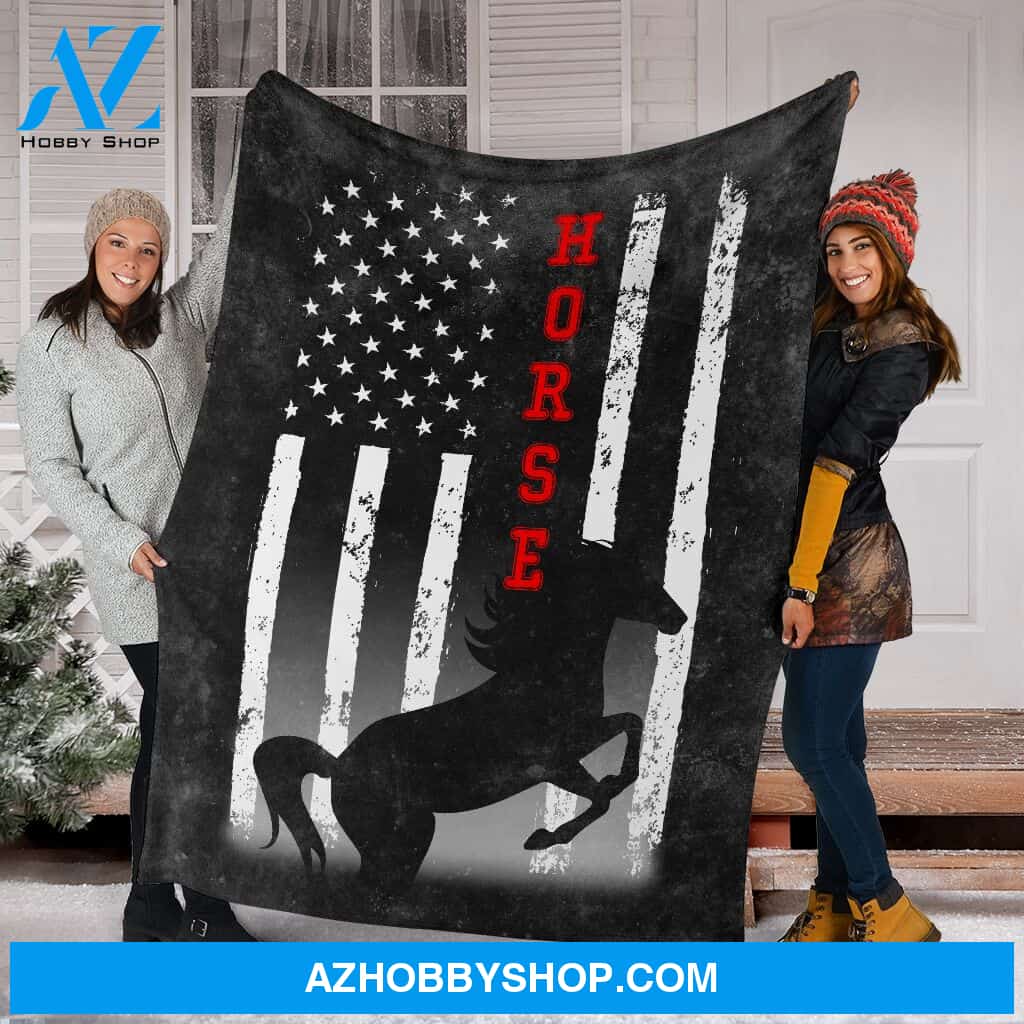 Horse American Flag Black Fleece Blanket