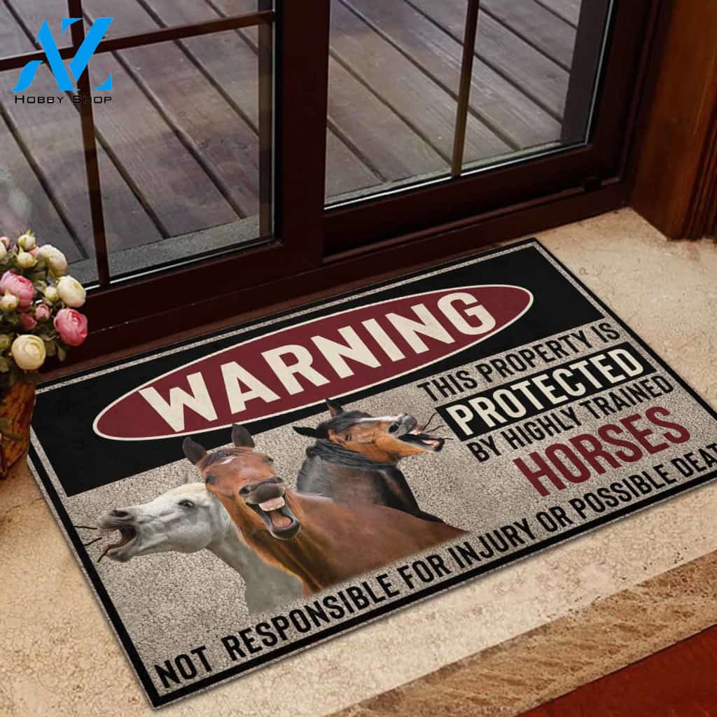 Horse Highly Trained Warning Rubber Base Doormat | Welcome Mat | House Warming Gift