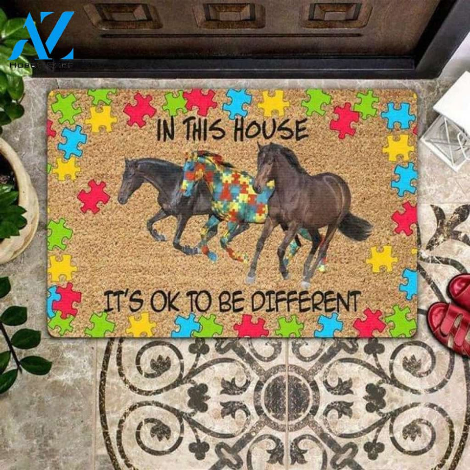 Autism Awareness Horse - In This House It's OK To Be Different Doormat Welcome Mat House Warming Gift Home Decor Gift for Horse Lovers Funny Doormat Gift Idea