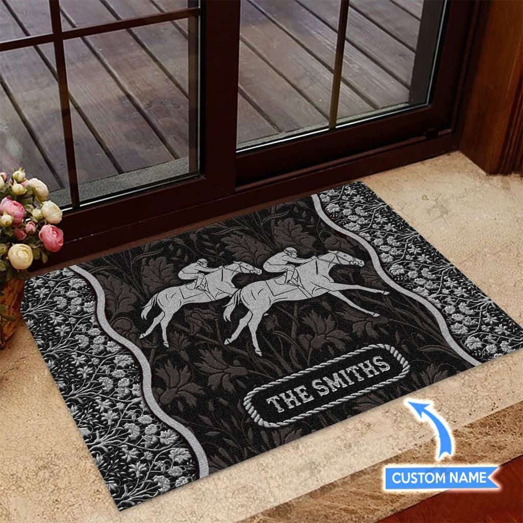 Horse Racing  Black Personalized Custom Name Doormat Welcome Mat