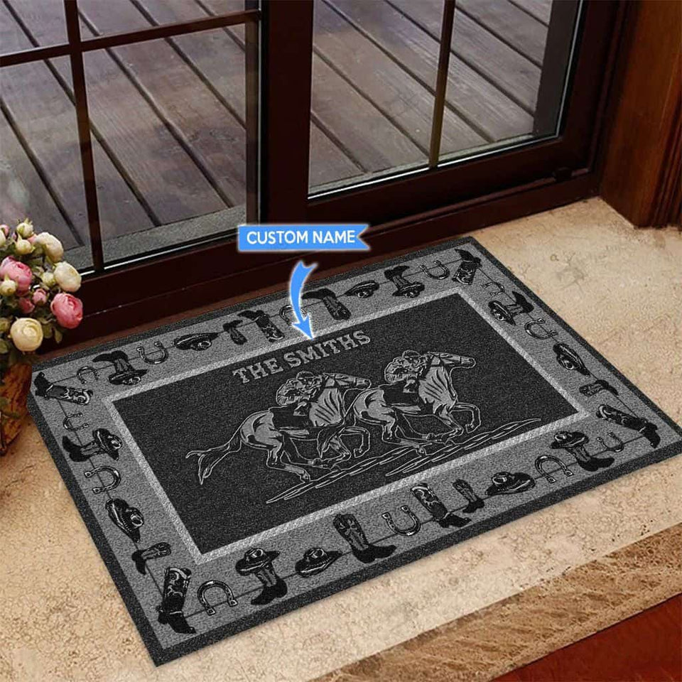 Horse Racingblack Version Personalized Custom Name Doormat Welcome Mat