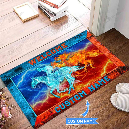 Horse Racingfire &amp; Water Personalized Custom Name Doormat Welcome Mat