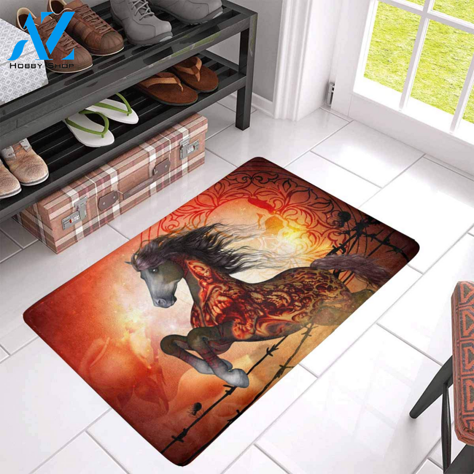 Horse with Rose Skulls and Fire Easy Clean Welcome DoorMat | Felt And Rubber | DO2183