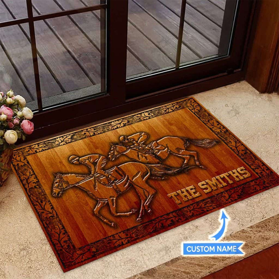 Horses Racing Personalized Custom Name Doormat Welcome Mat