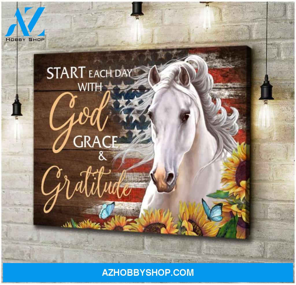 Horse Canvas, Gifts For Horse Lover, Horses Start Each Day With God Grace Gratitude Wall Art Decor Canvas