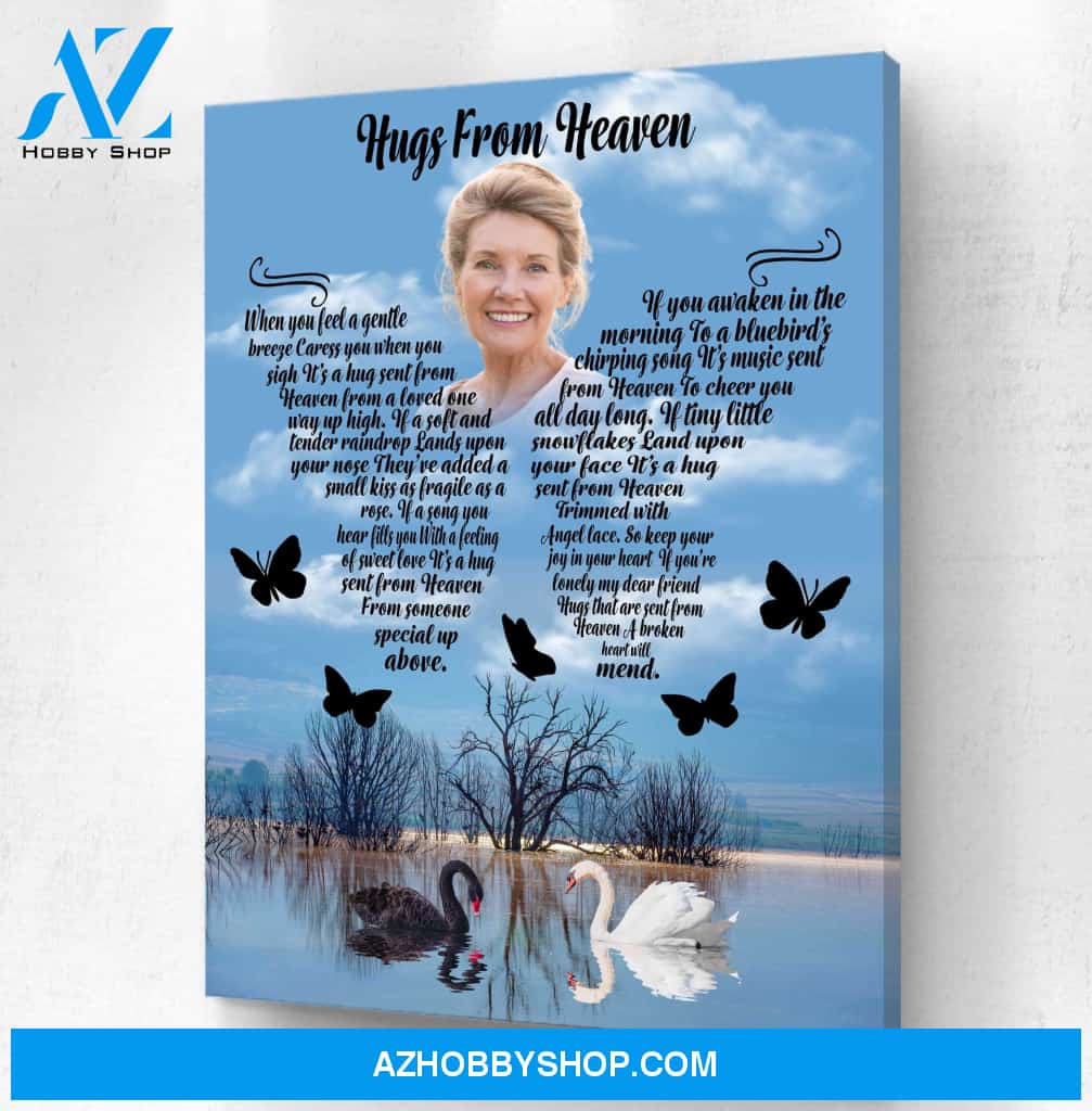 Hugs From Heaven Swan Lake Background, Personalized Photo Memorial Canvas, Canvas Wall Art Gift For Family Gift for Remembrance