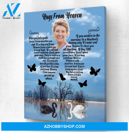 Hugs From Heaven Swan Lake Background, Personalized Photo Memorial Canvas, Canvas Wall Art Gift For Family Gift for Remembrance