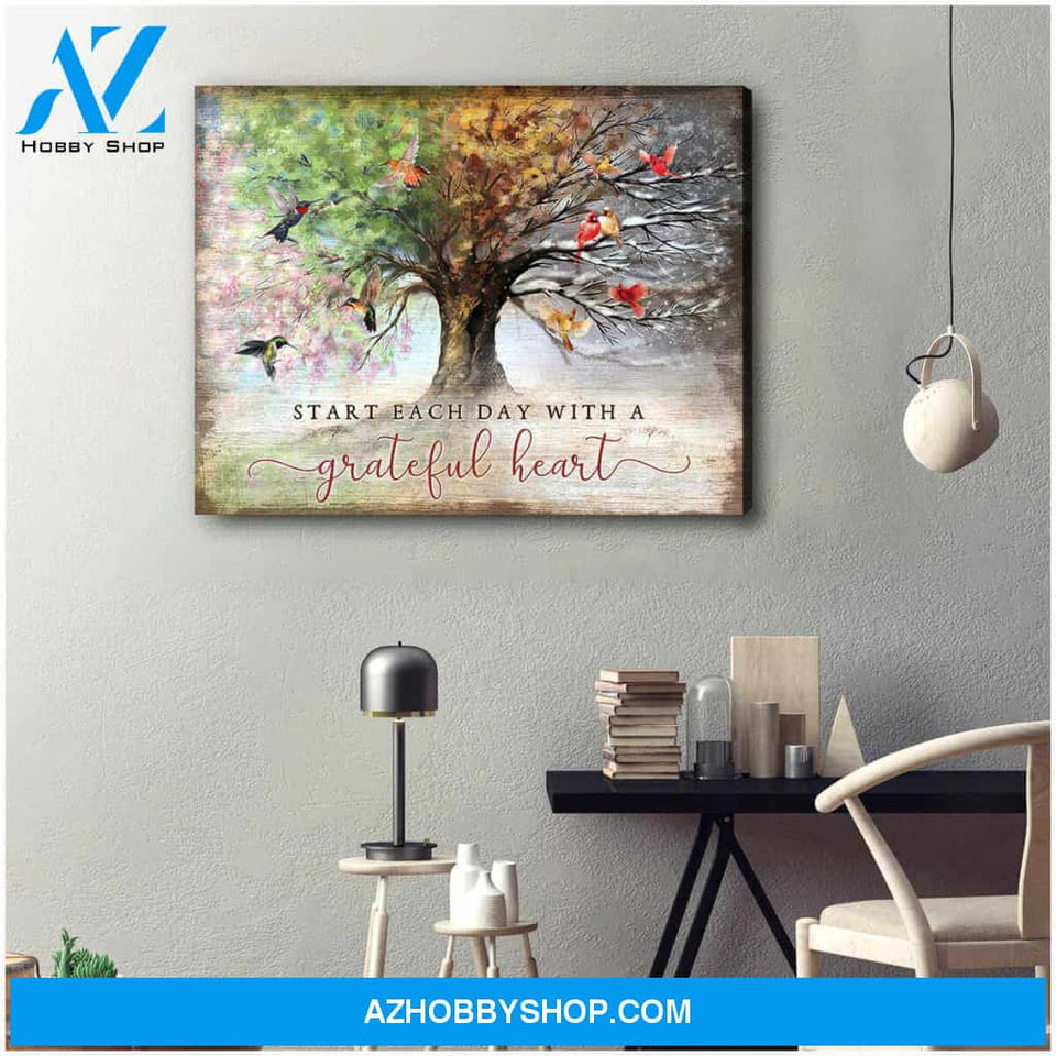 Beautiful Hummingbird and Cardinal Bird Canvas Start Each Day With A Grateful Heart Wall Art Decor