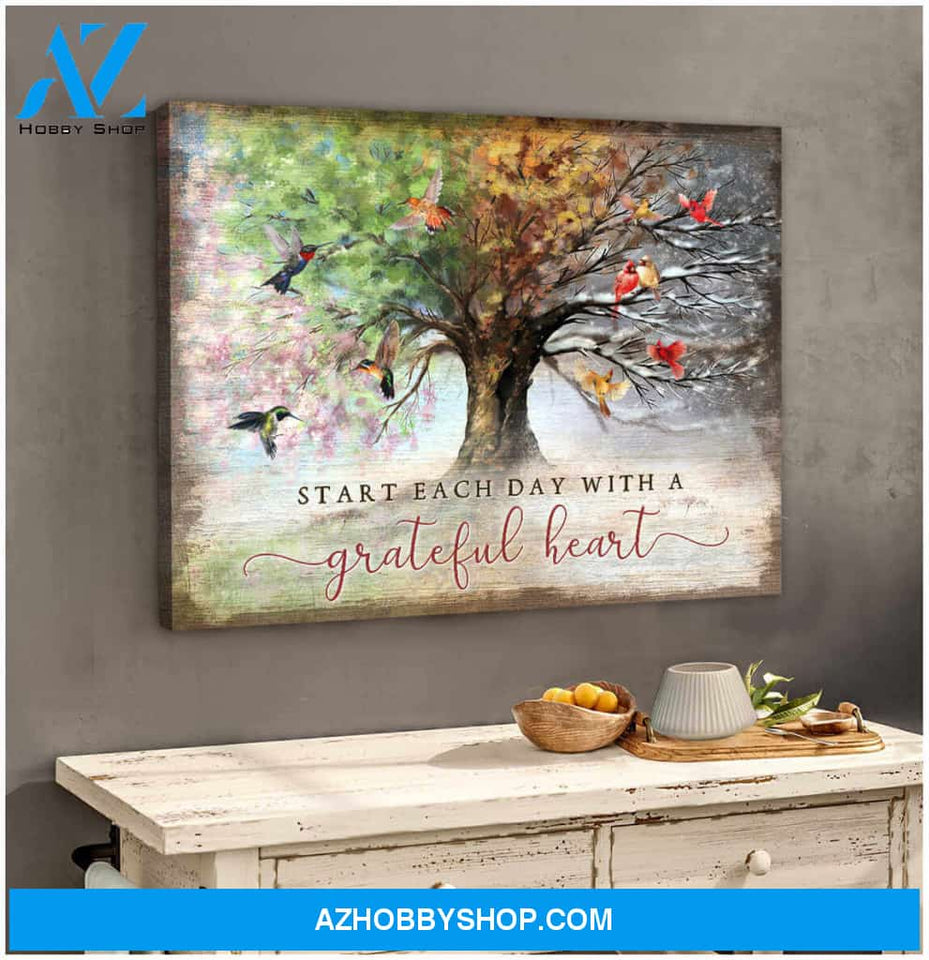 Beautiful Hummingbird and Cardinal Bird Canvas Start Each Day With A Grateful Heart Wall Art Decor