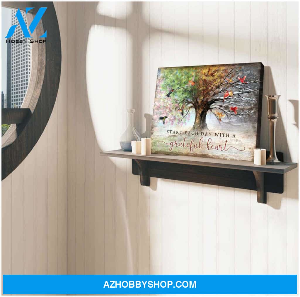 Beautiful Hummingbird and Cardinal Bird Canvas Start Each Day With A Grateful Heart Wall Art Decor