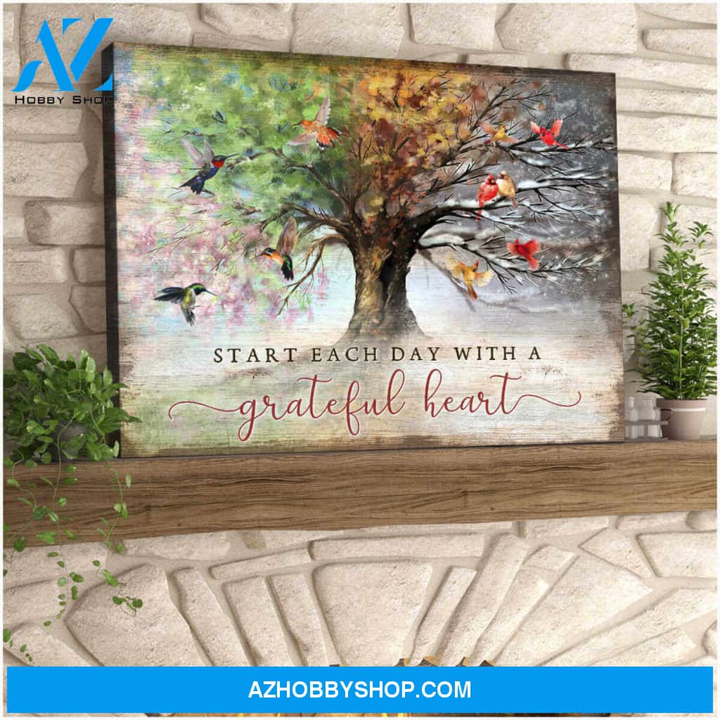 Beautiful Hummingbird and Cardinal Bird Canvas Start Each Day With A Grateful Heart Wall Art Decor