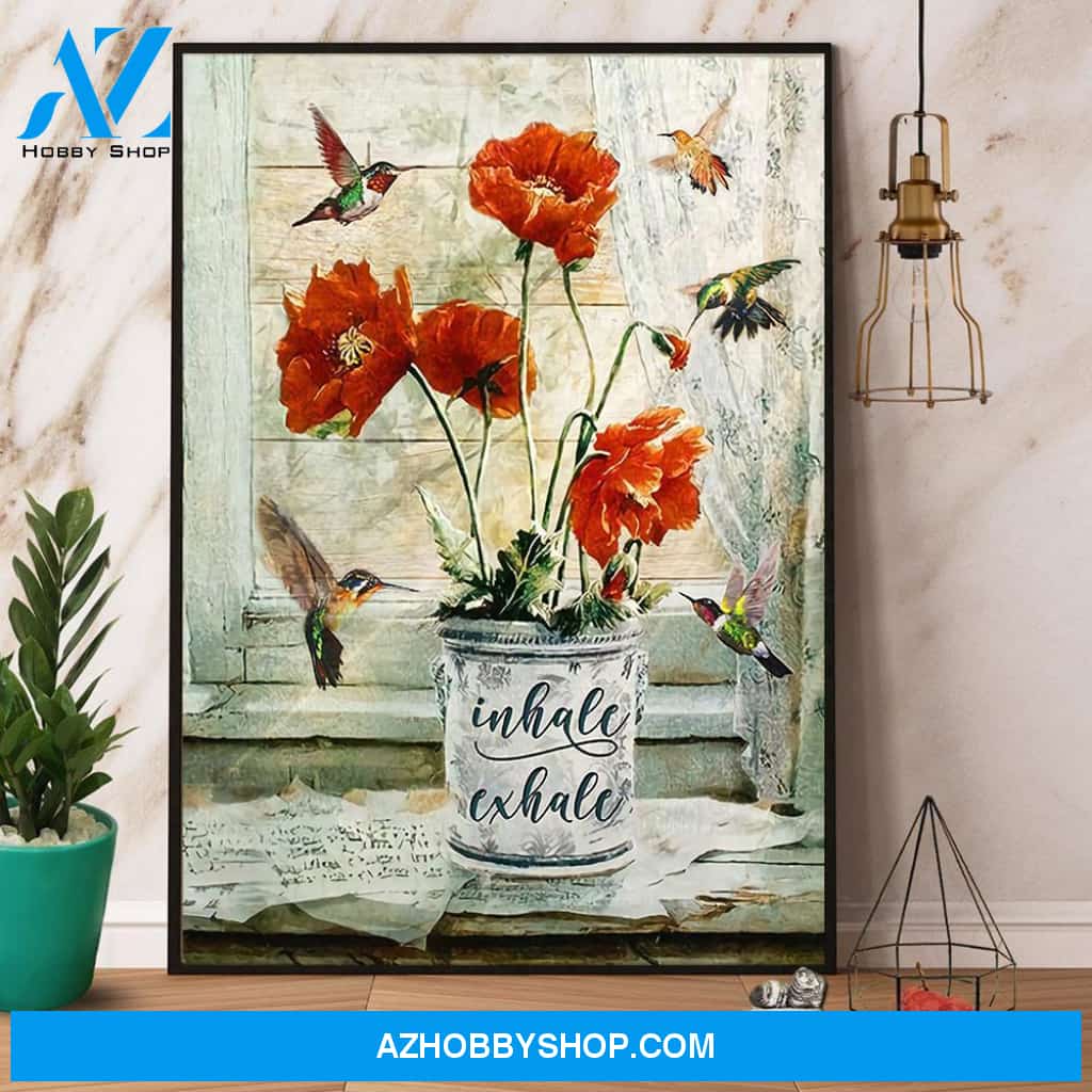 Hummingbird And Poppy Flower Inhale Exhale Canvas And Poster, Wall Decor Visual Art