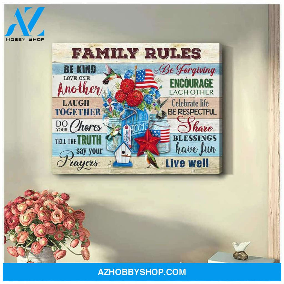 Hummingbird Canvas Family Rules Wall Art Decor