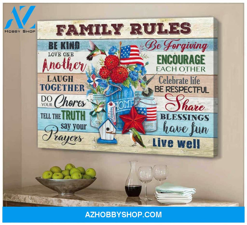 Hummingbird Canvas Family Rules Wall Art Decor