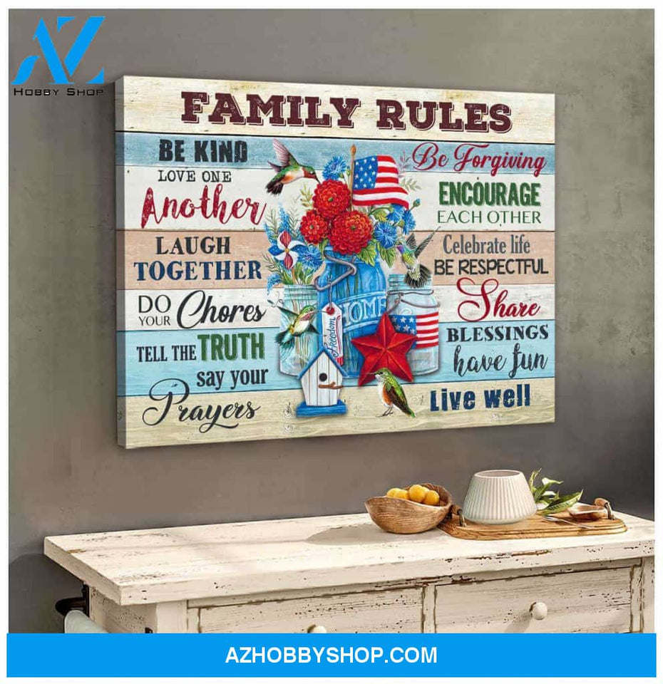 Hummingbird Canvas Family Rules Wall Art Decor