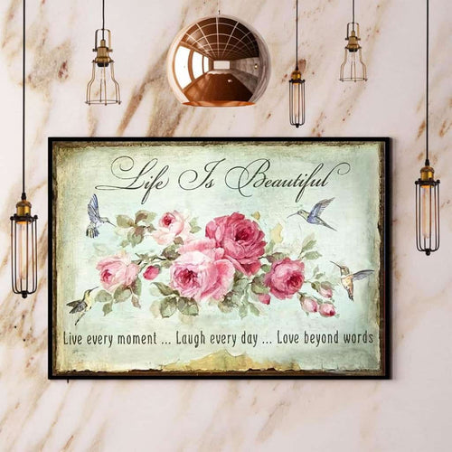 Hummingbird Flower Life Is Beautiful Live Every Moment Paper Poster No Frame Matte Canvas Wall Decor