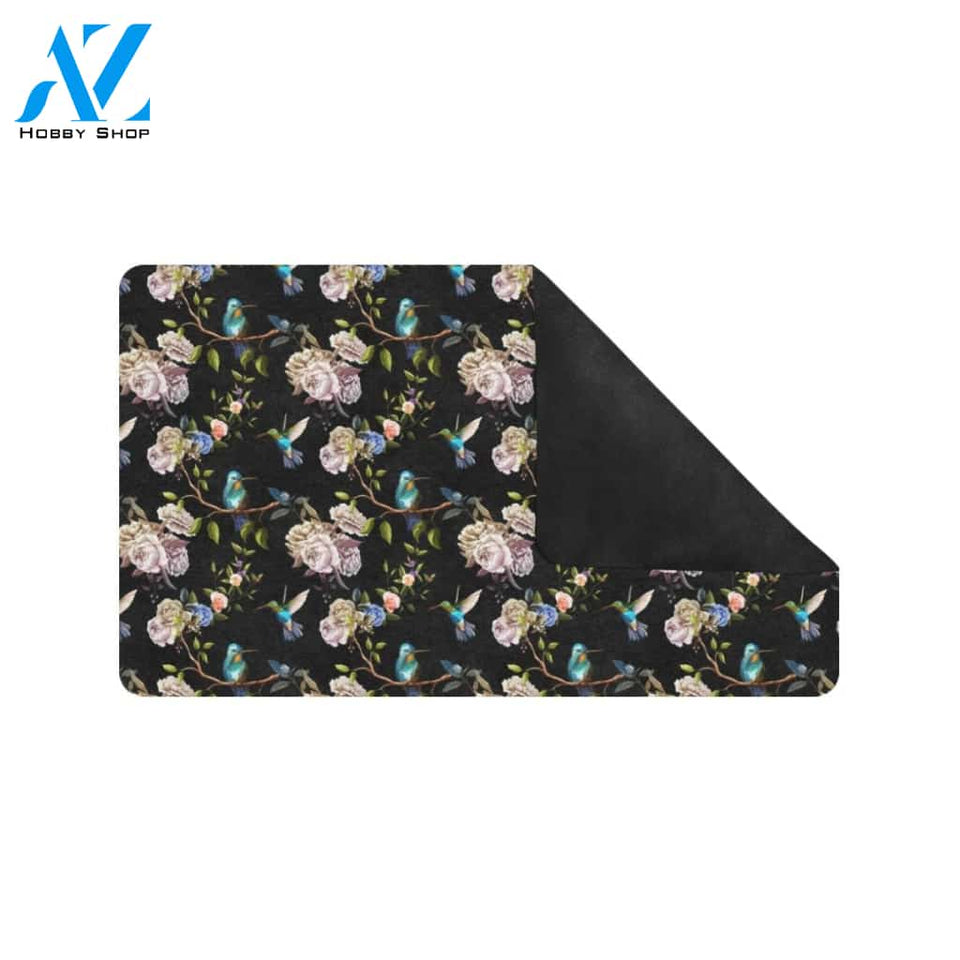 Hummingbird Flower Themed Print Rubber Doormat