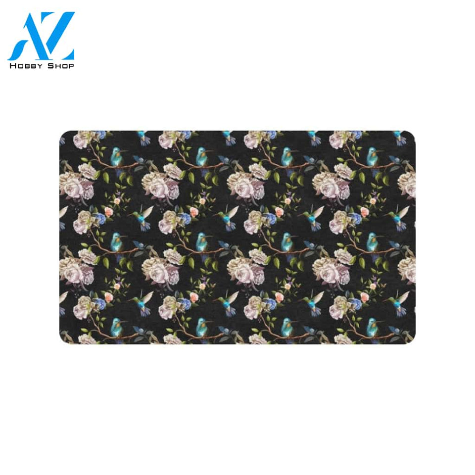 Hummingbird Flower Themed Print Rubber Doormat