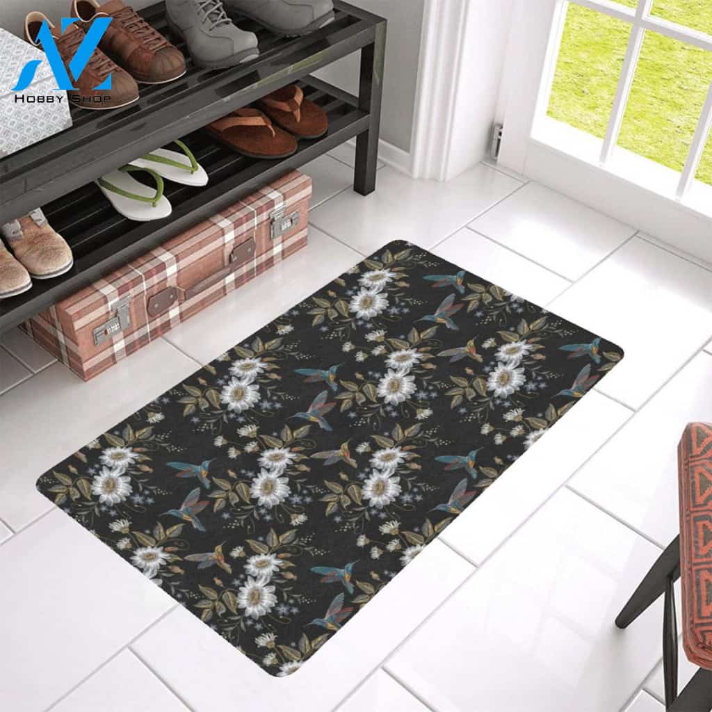 Hummingbird with Embroidery Themed Print Rubber Doormat