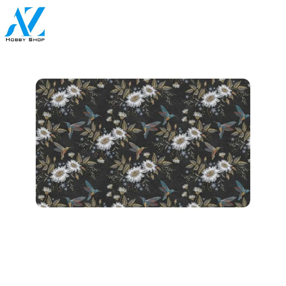 Hummingbird with Embroidery Themed Print Rubber Doormat