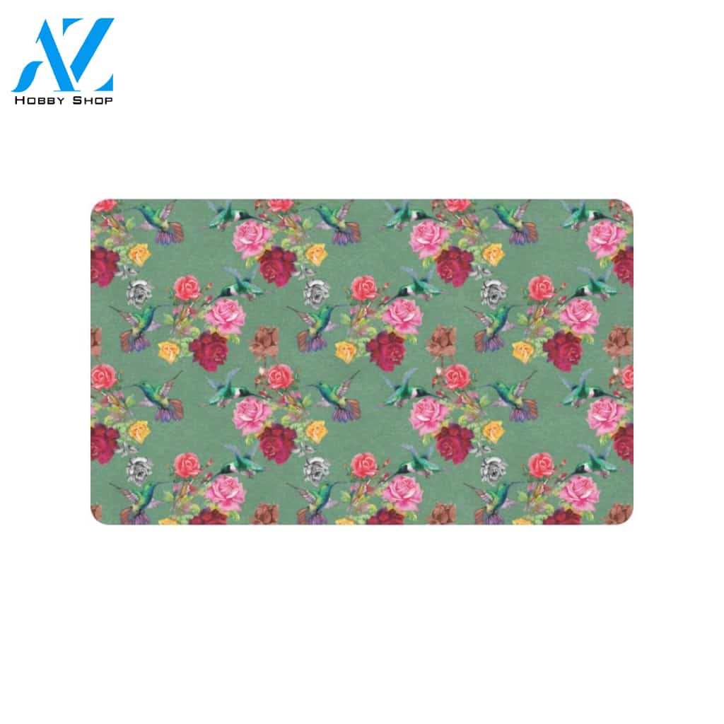 Hummingbird with Rose Themed Print Rubber Doormat
