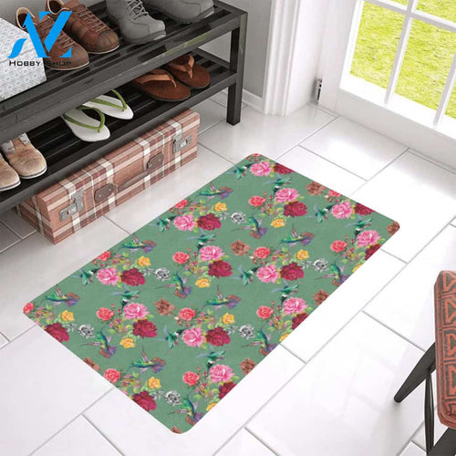 Hummingbird with Rose Themed Print Rubber Doormat