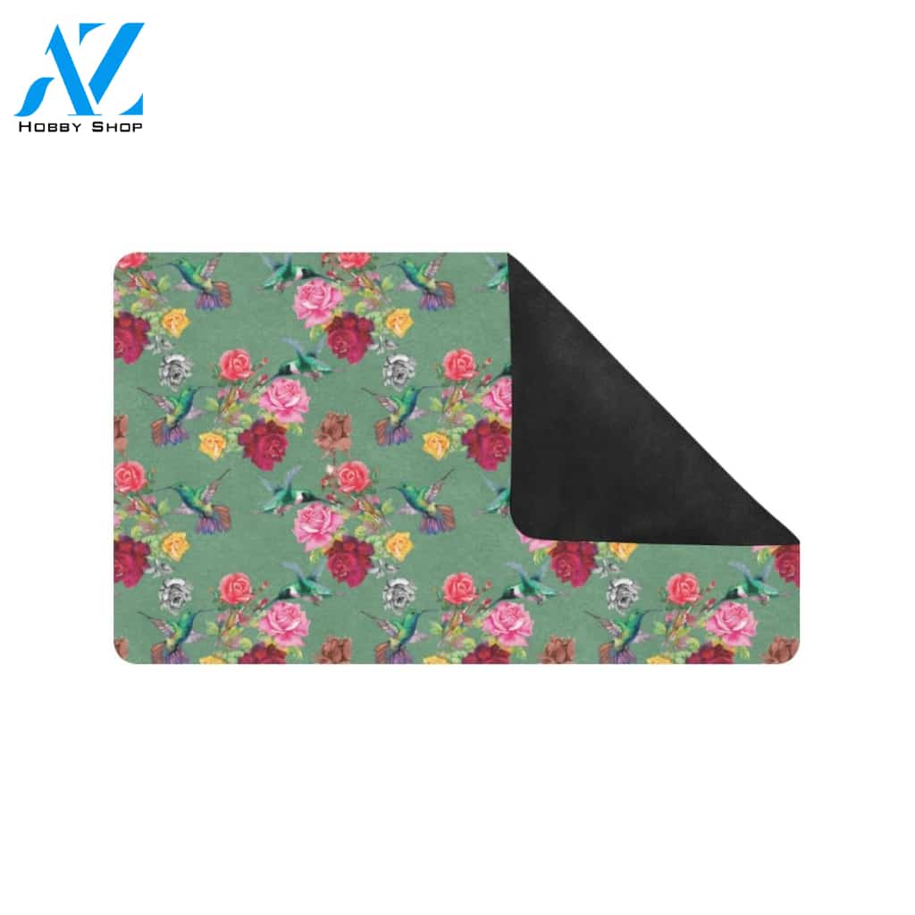 Hummingbird with Rose Themed Print Rubber Doormat